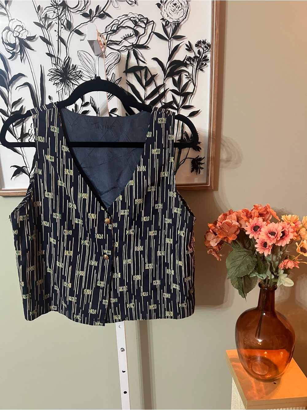 Handmade Vintage-Style Navy Blue Striped Green Geometric Print Vest Size Medium